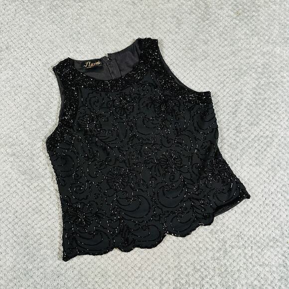 beautiful vintage black beaded sparkly y2k high neck ruffle tank Laxmi NY top - Picture 1 of 5